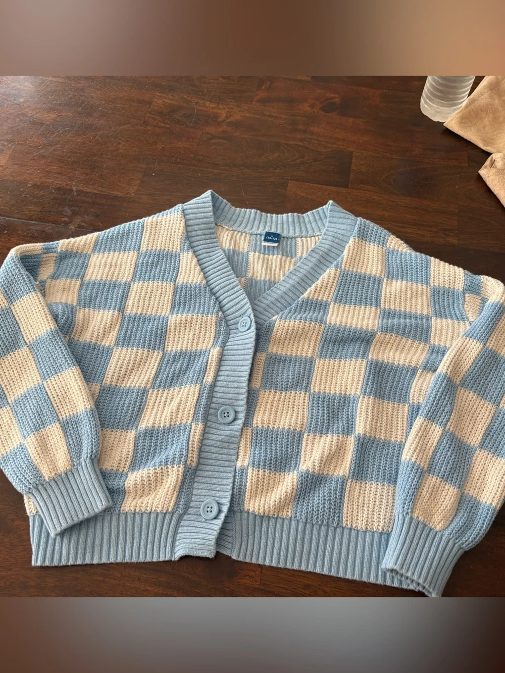 Blue and Cream Checkerboard V-Neck Button Cardigan